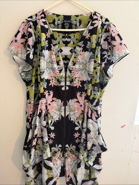 City Chic Black Floral Zip-Front Blouse with Pink and Green Accents